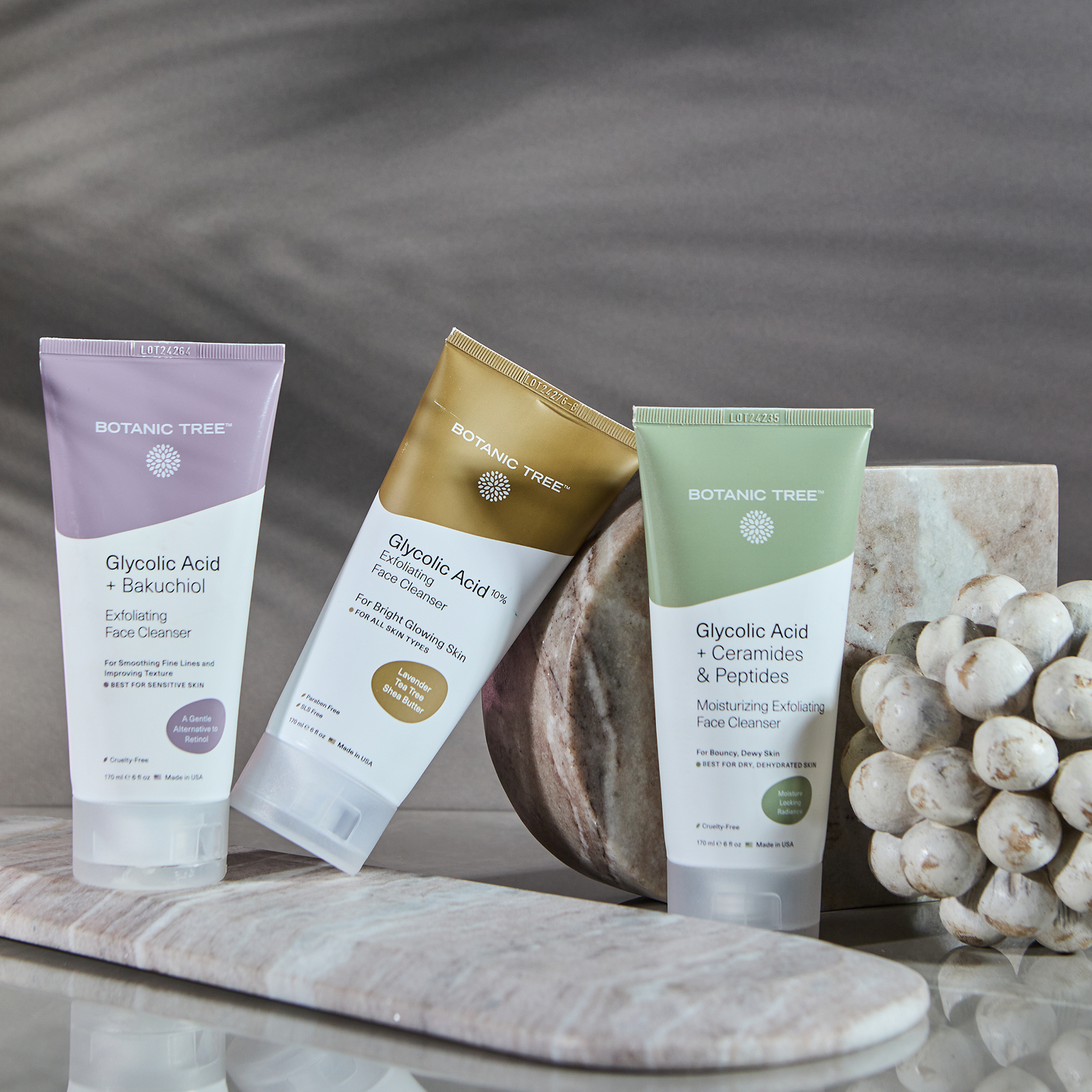 Botanic Tree skincare products with glycolic acid formulations