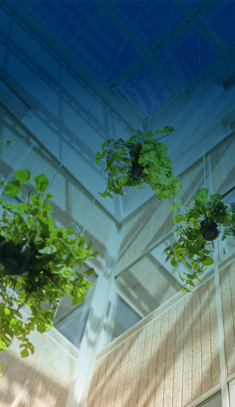 Modern office space with hanging plants and geometric ceiling design